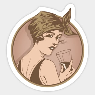 Lady Drinking Wine. Art deco style illustration design. Sticker